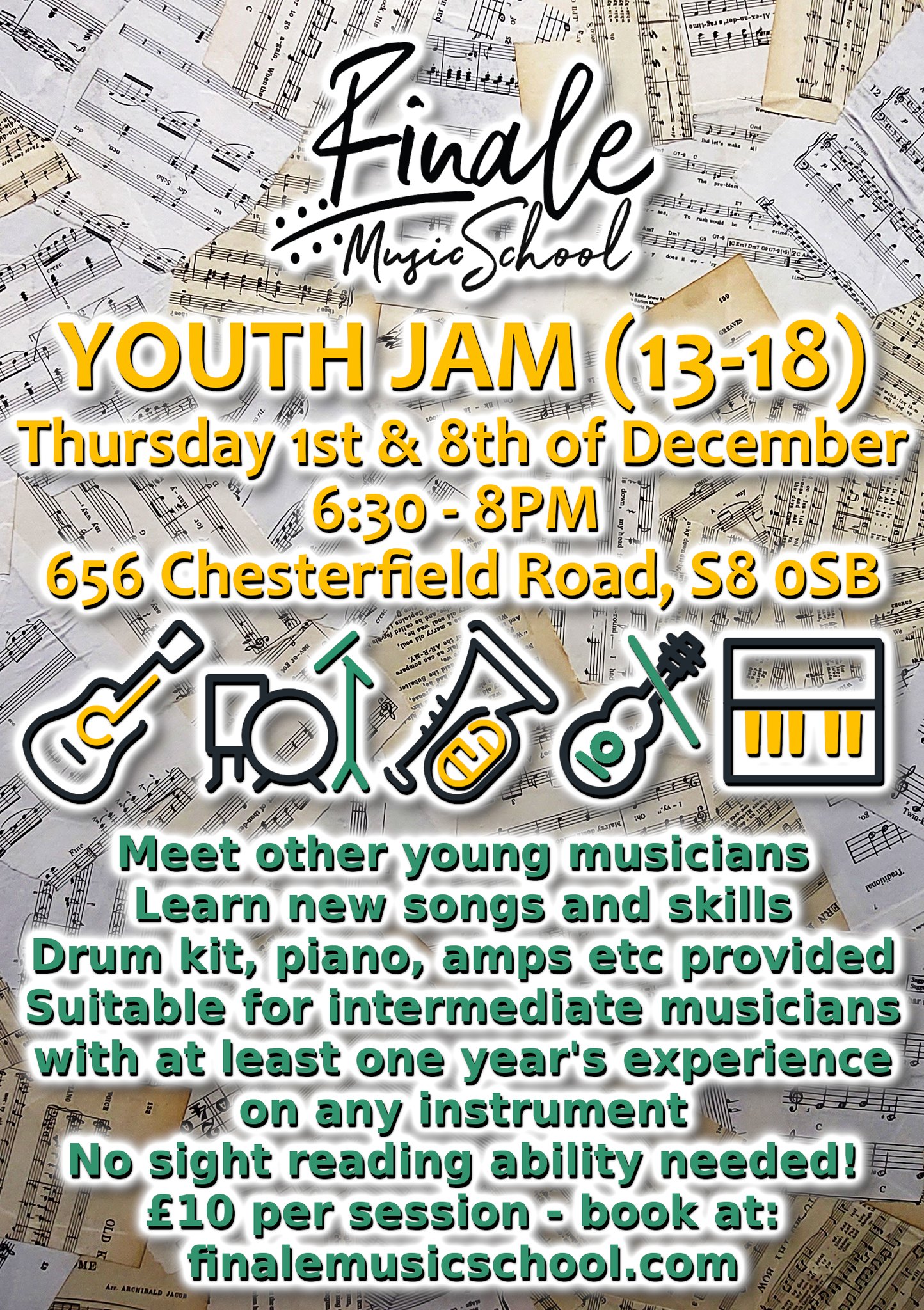 Finale Music School Sheffield Youth Jam poster- a fun event for young musicians aged 13-18!
